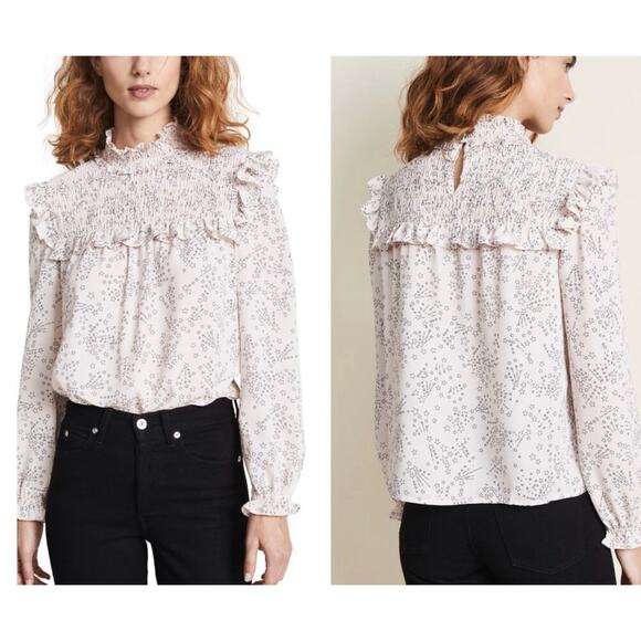 Rebecca Minkoff Sharon Smocked Ruffled Star-Print Top In Blush Pink Size Large - Picture 2 of 12